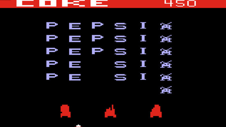 A spaceship faces descending letters spelling Pepsi in Pepsi Invaders