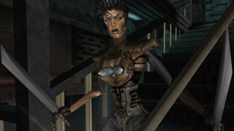 Mikiko Ebihara holds two swords while walking down stairs in Daikatana