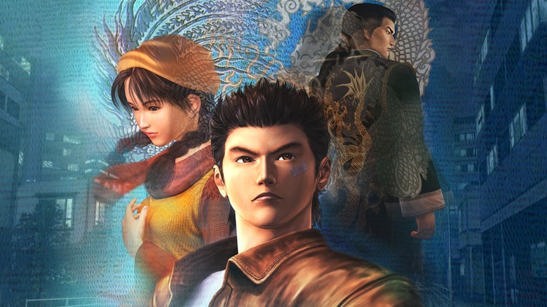 Ryo Hazuki, Nozomi, and Lan Di stand stoically on the cover art for Shenmue