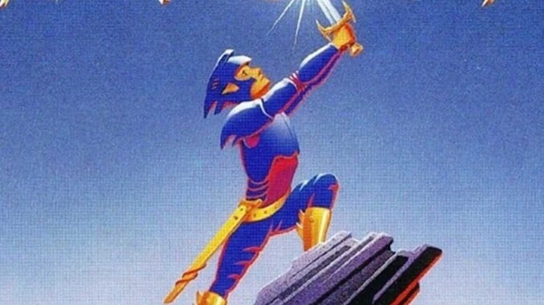 Benjamin holds up on a sword while standing on a rock on the cover art for Final Fantasy Mystic Quest