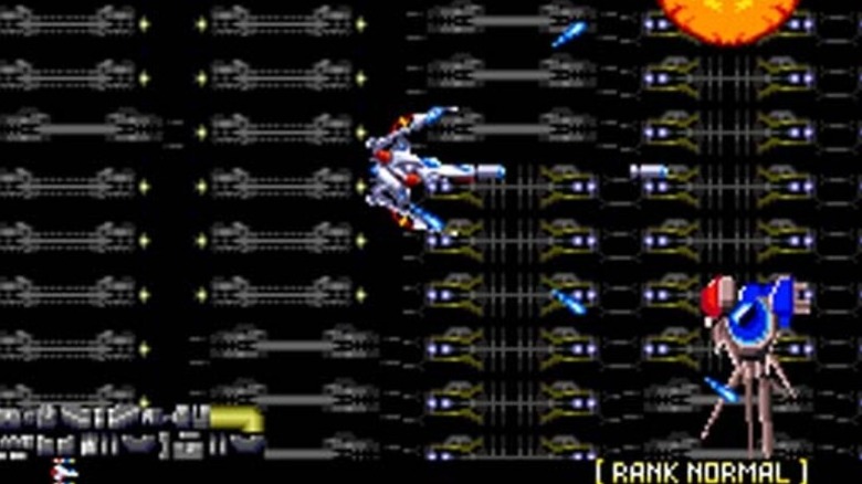 A spaceship moves through a futuristic background in Sol-Feace