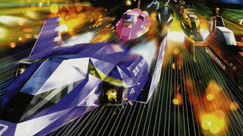 Hovercraft speed down a track on the cover art for F-Zero X