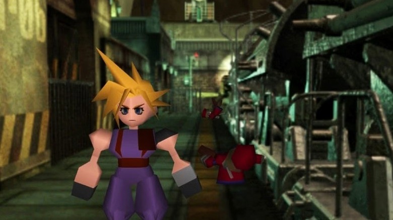 Cloud Strife standing next to machinery in Final Fantasy VII