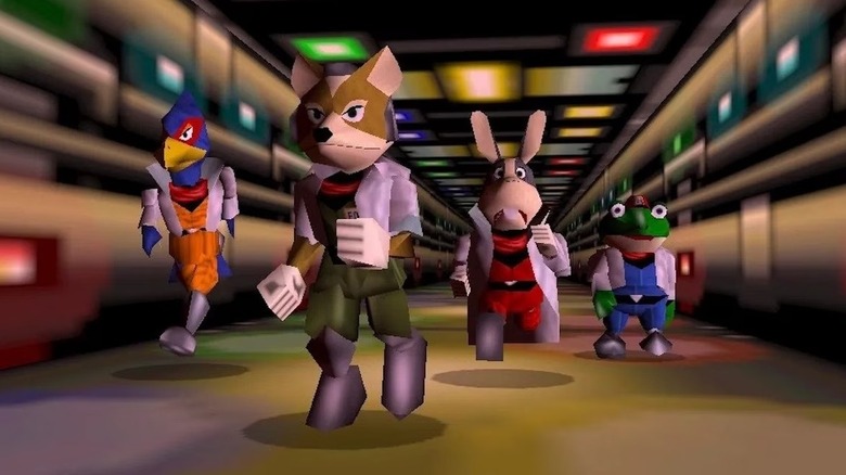 Falco Lombardi, Fox McCloud, Peppy Hare, and Slippy Toad run down a hallway in Star Fox 64