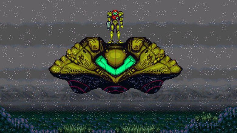 Samus Aran stands on top of her hovering spaceship in the pouring rain in Super Metroid