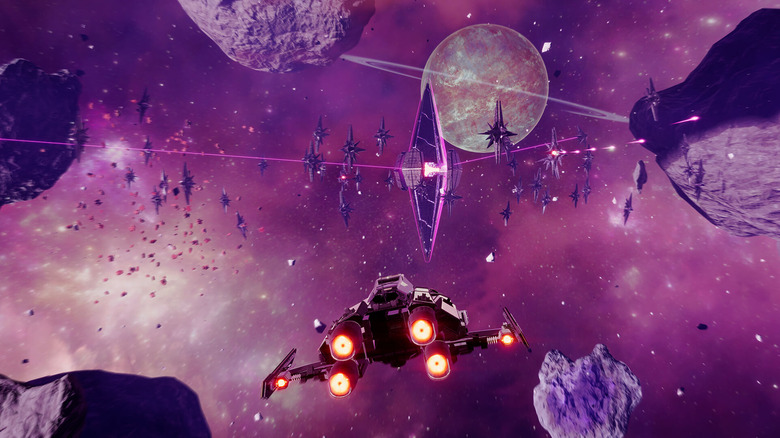 A spaceship approaches a network of spiked vessels in an asteroid belt in Void Crew