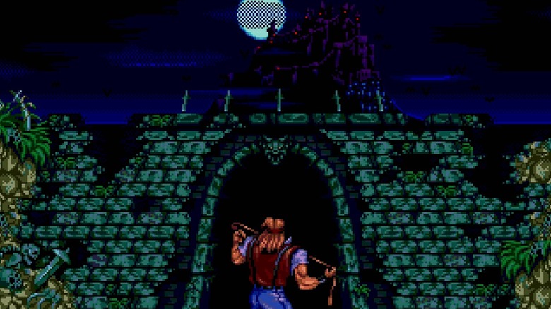 John Morris looks up at Dracula's castle while holding a whip in "Castlevania: Bloodlines" (1994)