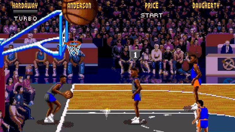 A basketball player prepares to throw his teammate the ball in "NBA Jam: Tournament Edition" (1994)
