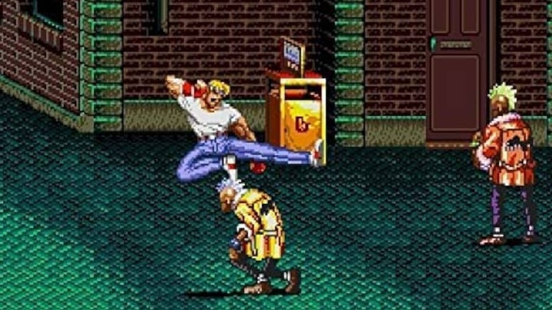 Axel Stone leaps at an enemy with a jump kick in "Streets of Rage 2" (1992)