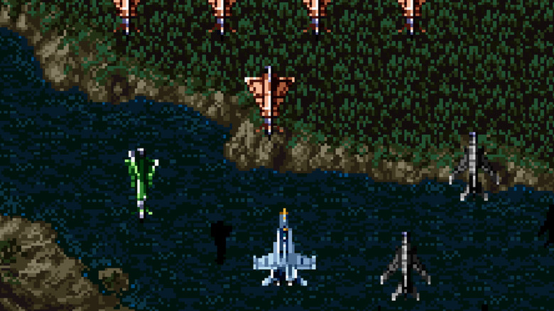 A fighter jet waves a wave of incoming enemy planes in Aero Fighters