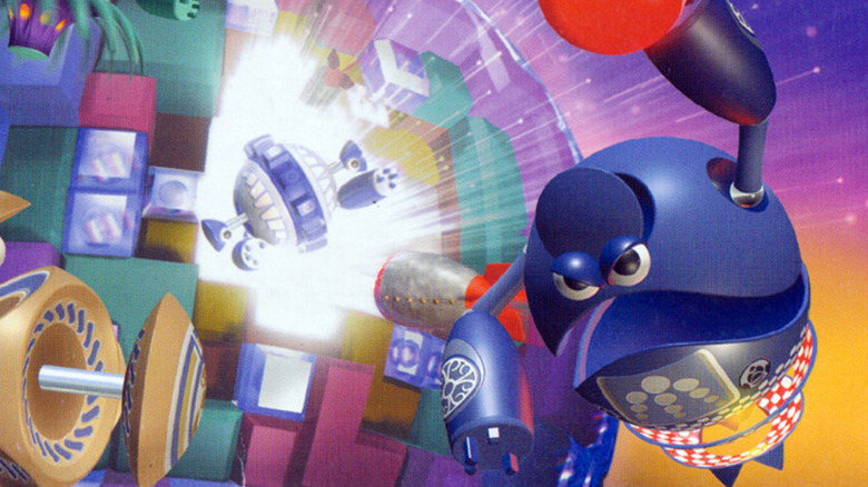 A robot clears a sphere of Tetris blocks on the cover art for Tetrisphere