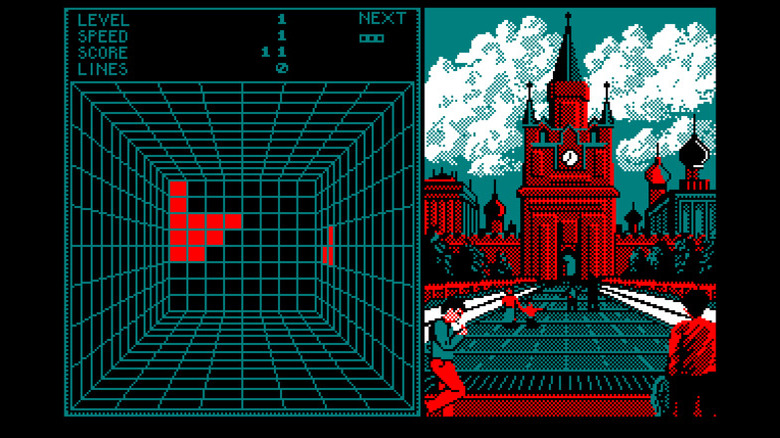 Blocks descend to the bottom of the screen with key art of a Russian city next to it in Welltris