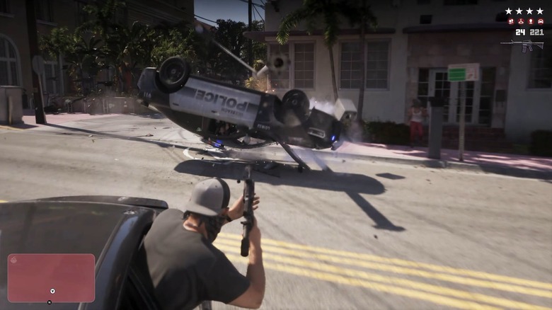 Jason shooting at a cop car in Grand Theft Auto VI