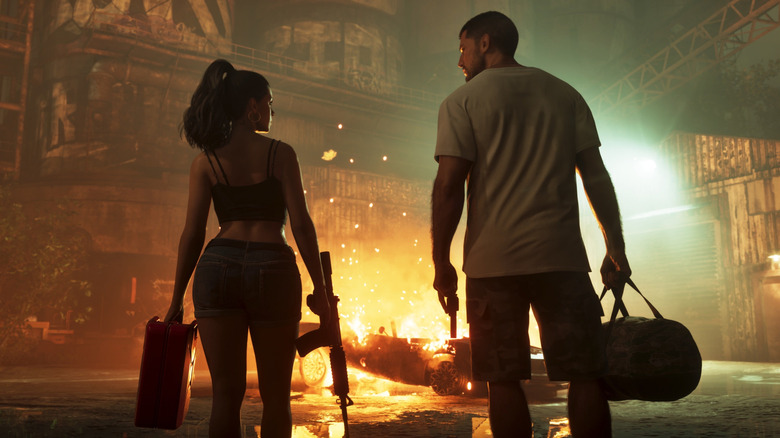 Jason and Lucia watching a car burn with bags in their hands in Grand Theft Auto VI