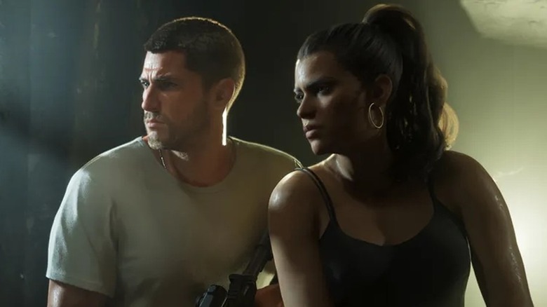 Jason and Lucia looking out the window with guns in hand in Grand Theft Auto VI