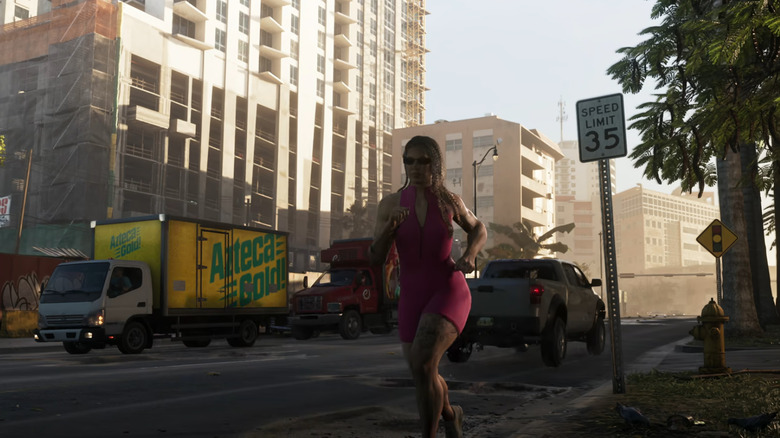 A woman running with an Azteca Gold truck in the background in Grand Theft Auto VI