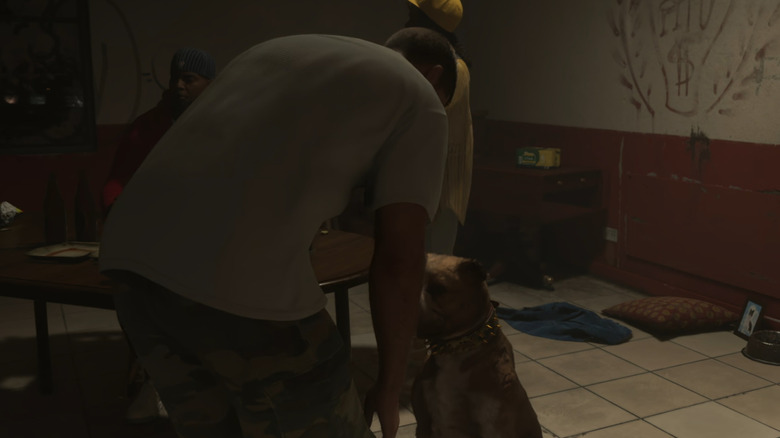 Jason getting ready to pet a dog in Grand Theft Auto VI