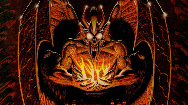 A demon holds glowing electric hands on the cover art for Ultima III: Exodus
