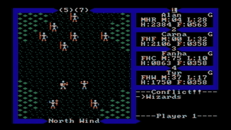 Four heroes advance across a black and green landscape in Ultima III: Exodus