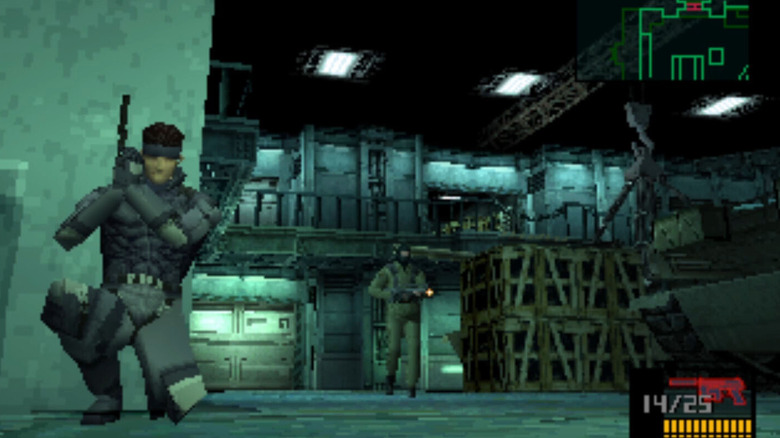 Solid Snake crouches behind a corner as a soldier approaches in Metal Gear Solid