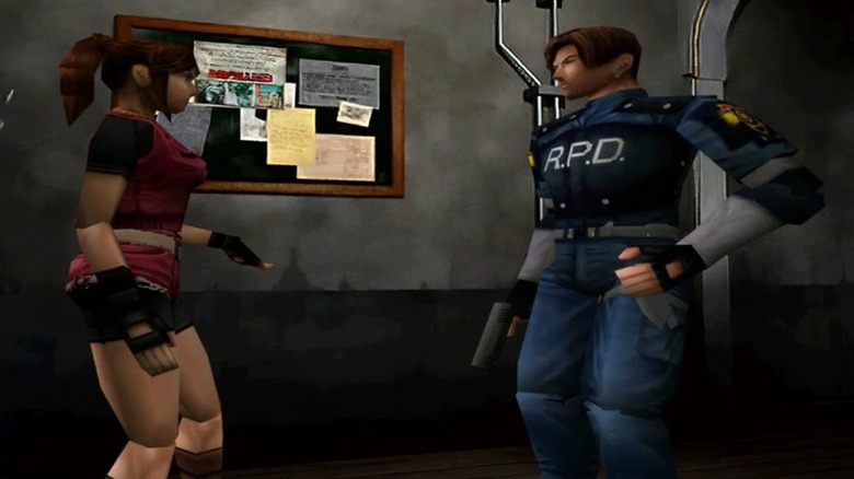 Claire Redfield speaks to Leon S. Kennedy by a bulletin board in Resident Evil 2 (1998)