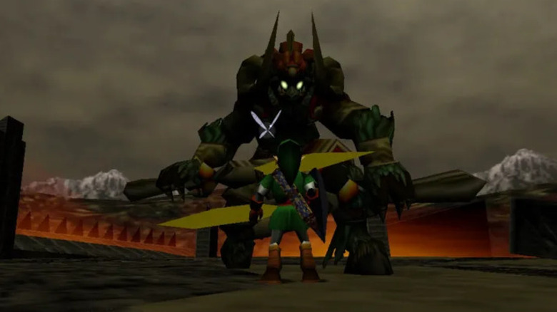 Link and Navi face Ganon on a fiery battlefield in The Legend of Zelda: Ocarina of Time