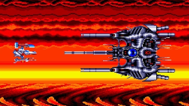 The player vessel approaching a huge ship in Sol-Deace