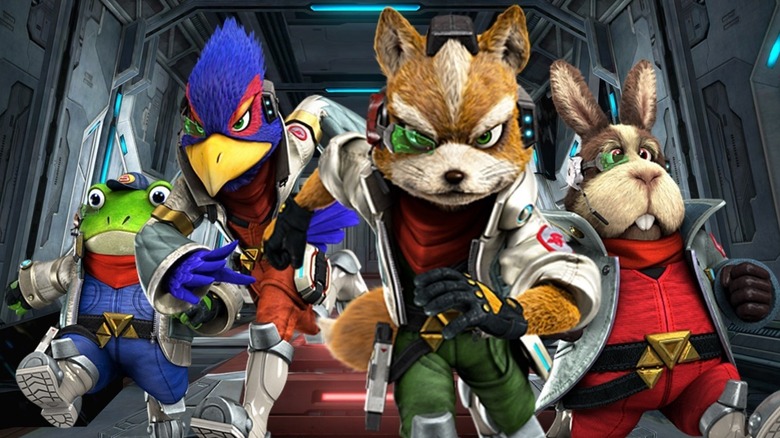Slippy Toad, Falco Lombardo, Fox McCloud, and Peppy Hare run down a corridor in "Star Fox Zero" (2016)