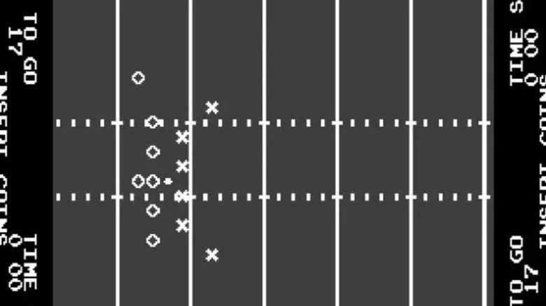 Teams represented by x's and o's face each other on a monochromatic football field in "Football"