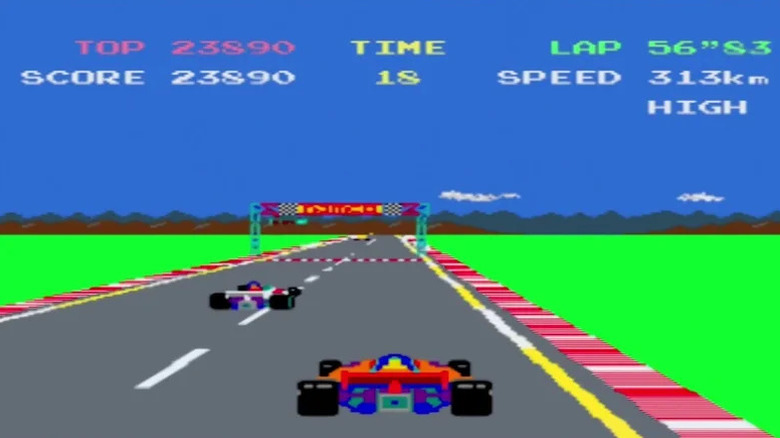 A Formula One car approaches the finish line in "Pole Position" (1982)