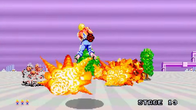 Screenshot of Space Harrier. Note the explosions in the foreground and the background and sense of depth