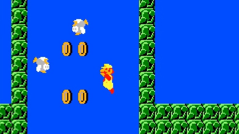 Mario swimming with coins and Cheep-Cheeps in Super Mario Bros