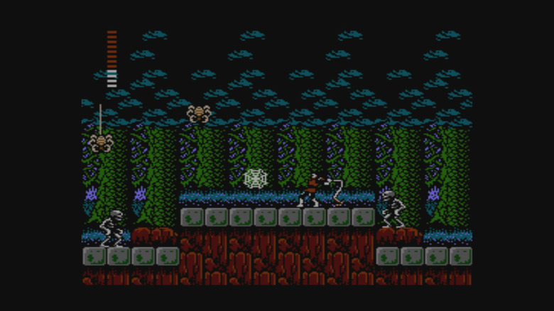 Simon Belmont battles through a forest filled with monsters in "Castlevania II: Simon's Quest"