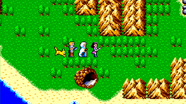 Alis leads the player party across a coastal forest in "Phantasy Star"