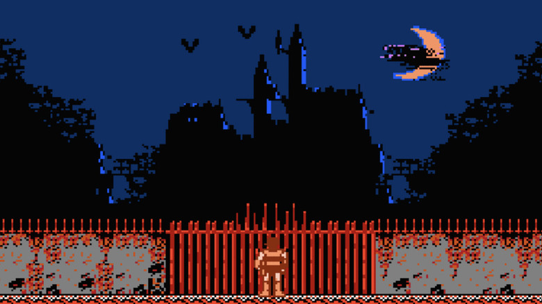 Simon Belmont stands in front of the gate to Dracula's castle in Castlevania