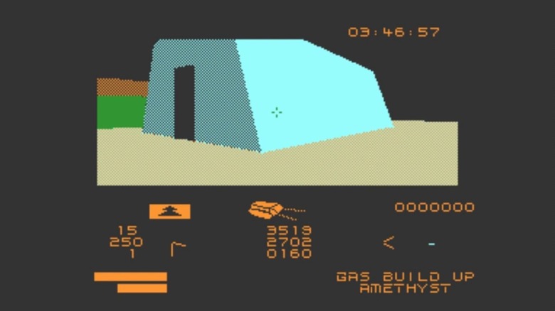 The player approaches a large blue structure in Driller