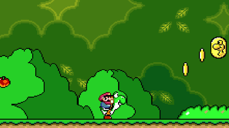 Mario rides Yoshi through a forest in Super Mario World
