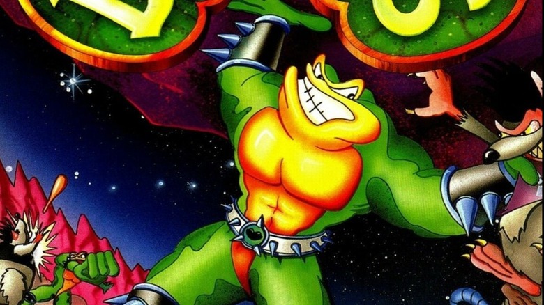 An eponymous battletoad in battle on the cover of, yes, Battletoads