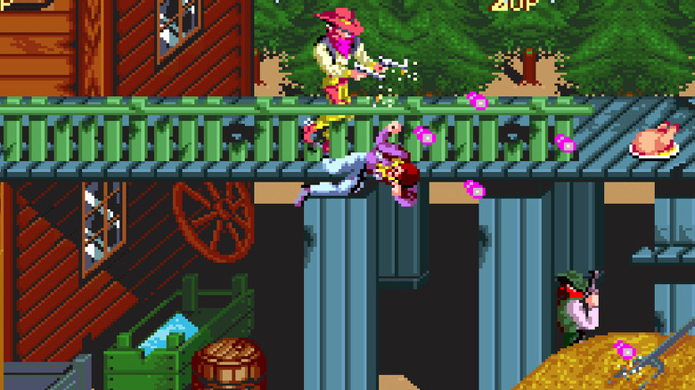 A masked gunman blasts bandits while walking through a frontier town in Sunset Riders