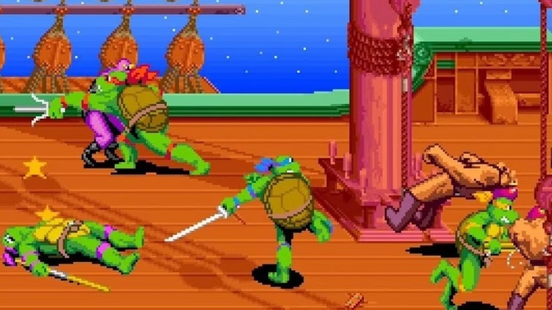 The Teenage Mutant Ninja Turtles fight Foot Soldiers on a pirate ship in Teenage Mutant Ninja Turtles: Turtles in Time