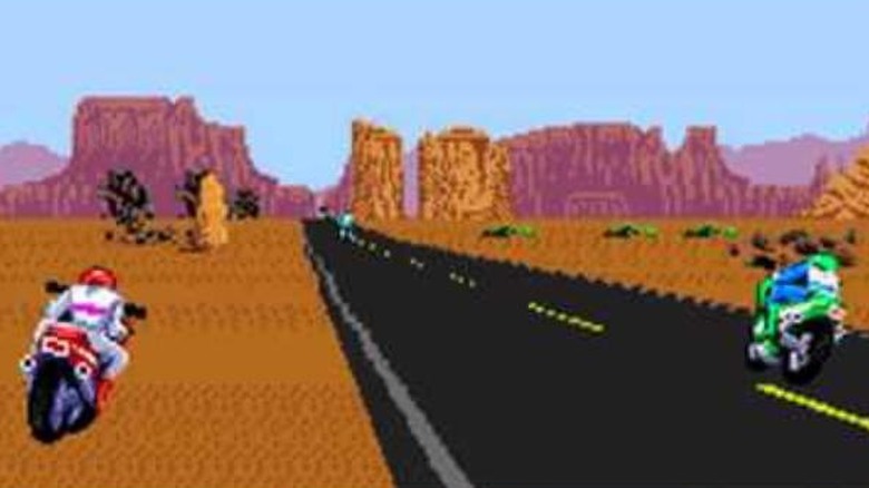 Two motorcyclists race down a desert road in "Road Rash II" (1992)