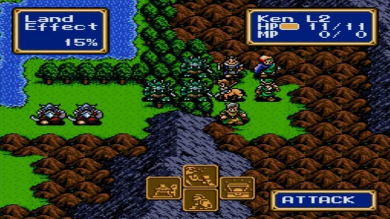 A group of heroes fight enemies in a mountainous forest in "Shining Force" (1992)