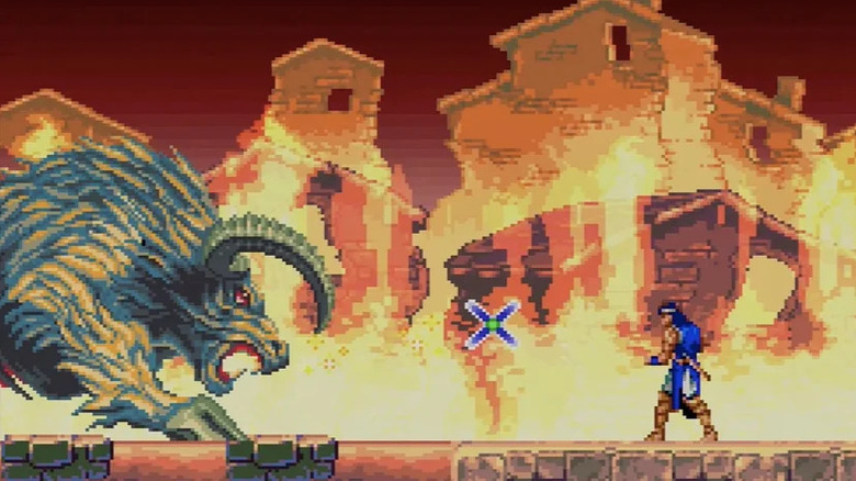 Richter Belmont throws a Combat Cross at a goat demon in Castlevania: Dracula X