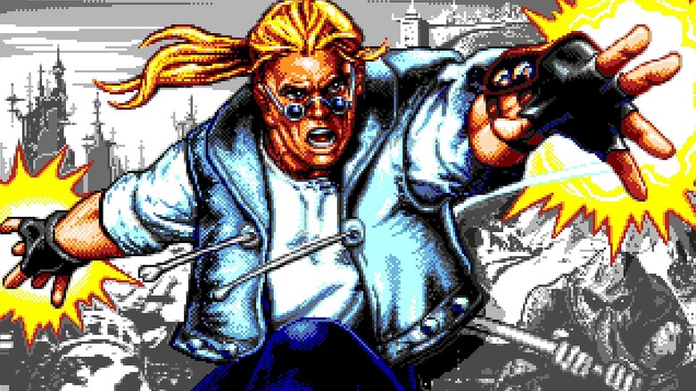 Sketch Turner reaches from a comic book panel on the title screen for Comix Zone