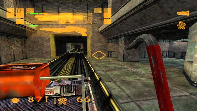 Gordon Freeman steps on a rail car while holding a crowbar in Half-Life