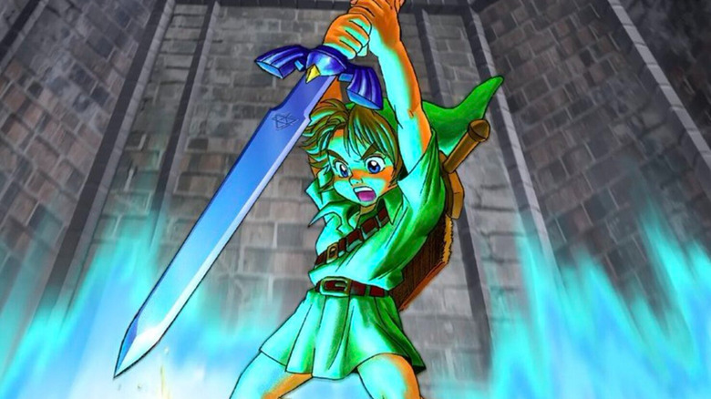 Link hoists the Master Sword in promotional artwork from The Legend of Zelda: Ocarina of Time