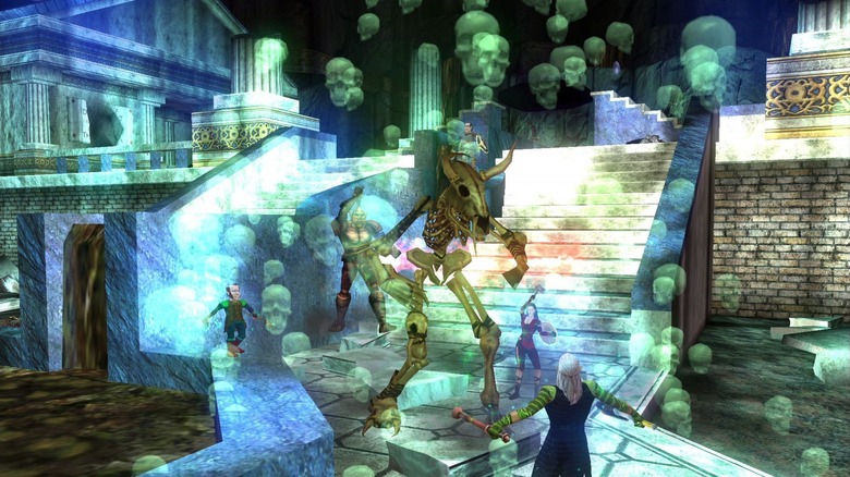 A group of fantasy heroes fight a large skeletal monster in EverQuest