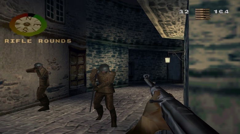 Two enemy soldiers aim at the player as he leans around a corner in Medal of Honor