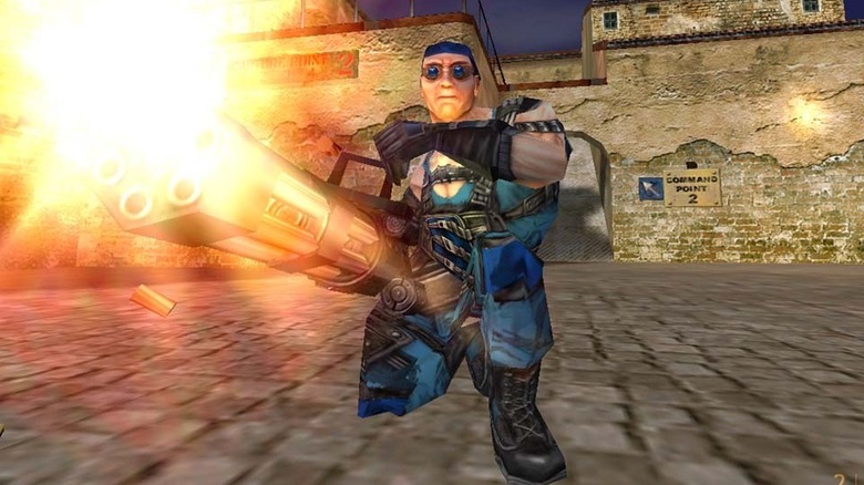 A man fires a large gun in Team Fortress Classic