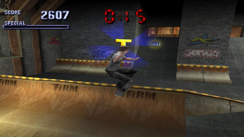 Tony Hawk jumping to collect a letter in Tony Hawk's Pro Skater